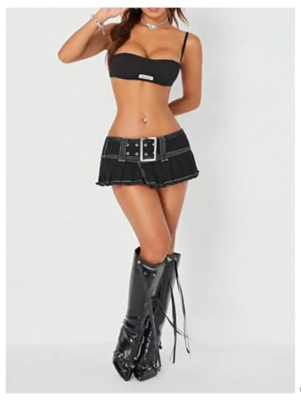 Y2K Pleated Denim Mini Skirt with Belt, Low Waist Raw Hem Hippie Skirt